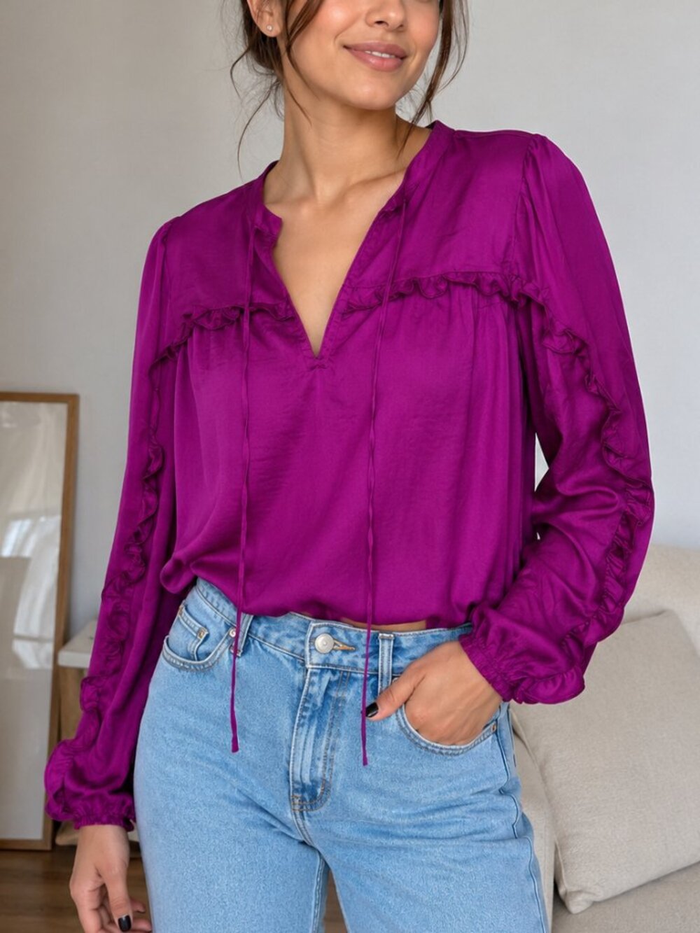 Loft Berry Tie Neck Ruffle long Sleeve Blouse Pettie XS New Without Tags